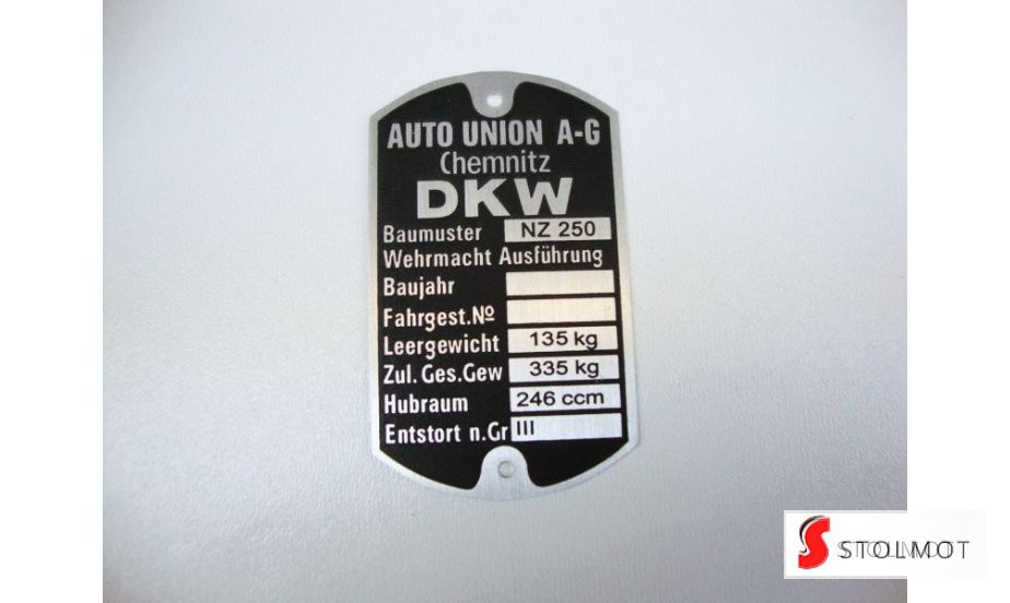DKW NZ 250 TABLICZKA ZNAMIONOWA DKW NZ 250 TABLICZKA ZNAMIONOWA